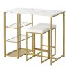 TREXM 3-piece Modern Pub Set with Faux Marble Countertop and Bar Stools; White/Gold